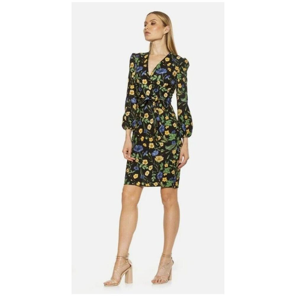 Alexia Admore Dress Womens Size XL Aliana Dress BLK Floral Surplice Long Sleeve